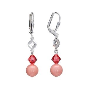 Silverplated Coral Pearl Leverback Earrings with Swarovski crystals